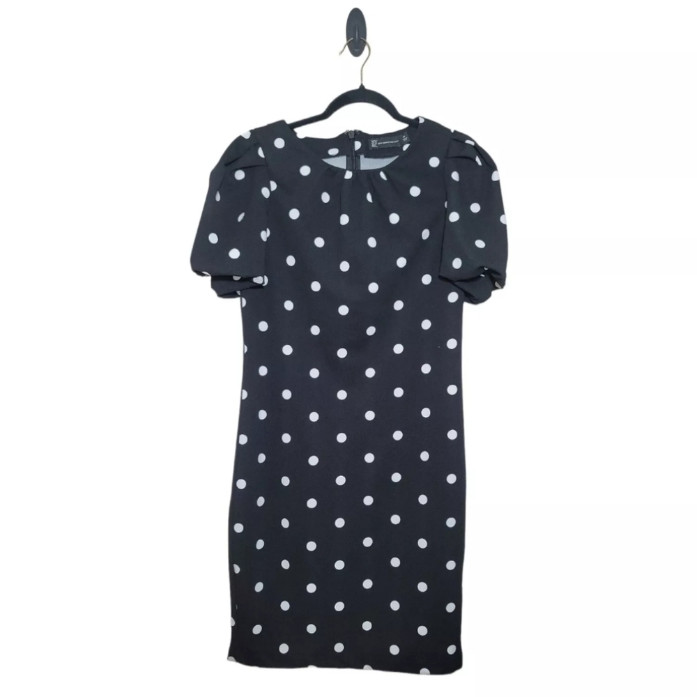 New York And Company Women’s Medium Dress Polka Dot Sheath Puffy Sleeve Stretch
